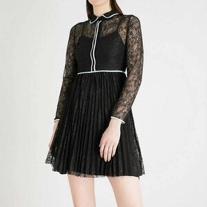 Maje Rabilo Pleated Black Dress Sheer Lace Long Sleeves